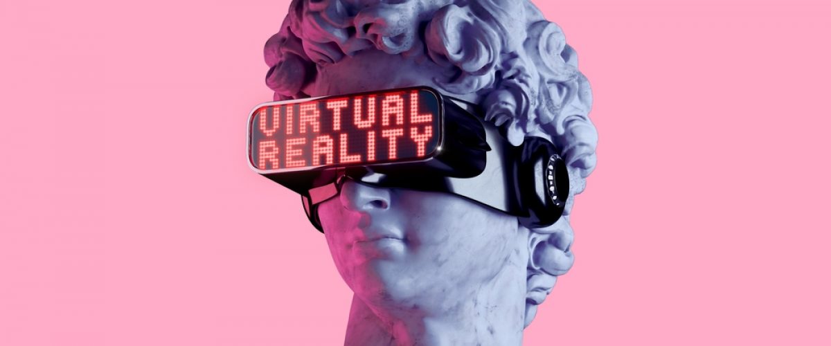 Concept digital illustration from 3D rendering of classical head sculpture with technological Virtual reality visor headset displaying Virtual Real words in red LED lights isolated on pink background.